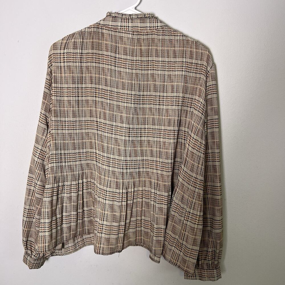 Zara Women's plaid pleated blouse high collar tie bow Blouse Sz M Babydoll - Picture 13 of 14